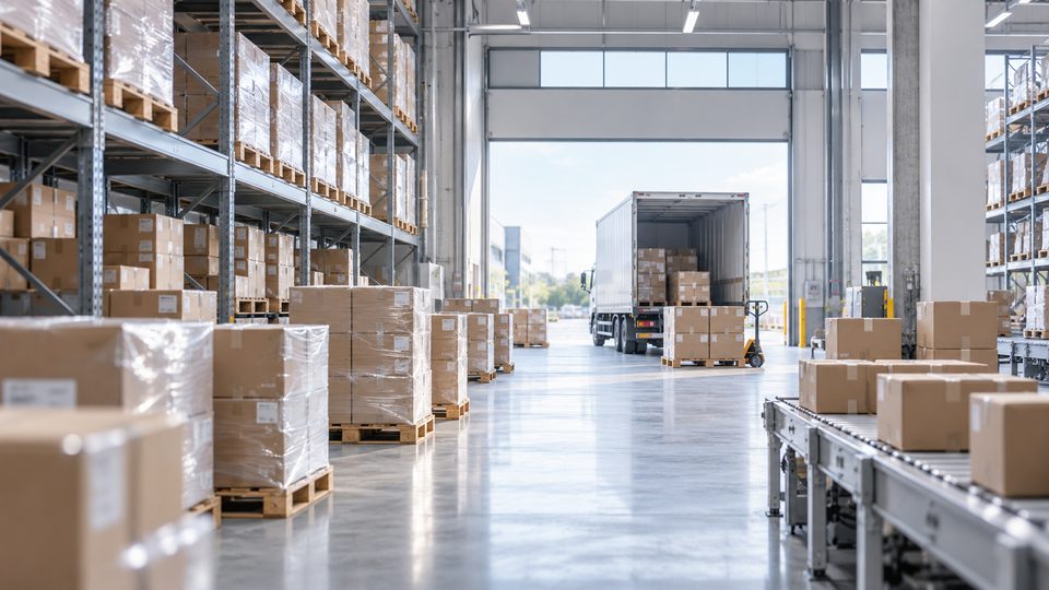 段ボールが積まれた倉庫・出荷の様子